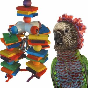 super bird creations sb440 4 way play bird toy with colorful wooden blocks & ringing bell, large bird size, 15” x 7” x 7”
