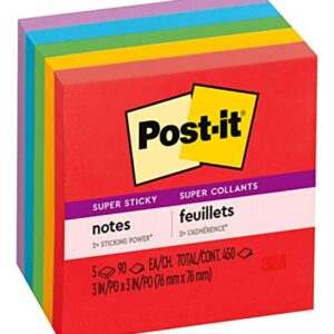 Post-it Super Sticky Notes, 3x3 in, 5 Pads, 2x the Sticking Power, Playful Primaries, Primary Colors (Red, Yellow, Green, Blue, Purple), Recyclable(654-6SSAN)