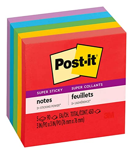 Post-it Super Sticky Notes, 3x3 in, 5 Pads, 2x the Sticking Power, Playful Primaries, Primary Colors (Red, Yellow, Green, Blue, Purple), Recyclable(654-6SSAN)