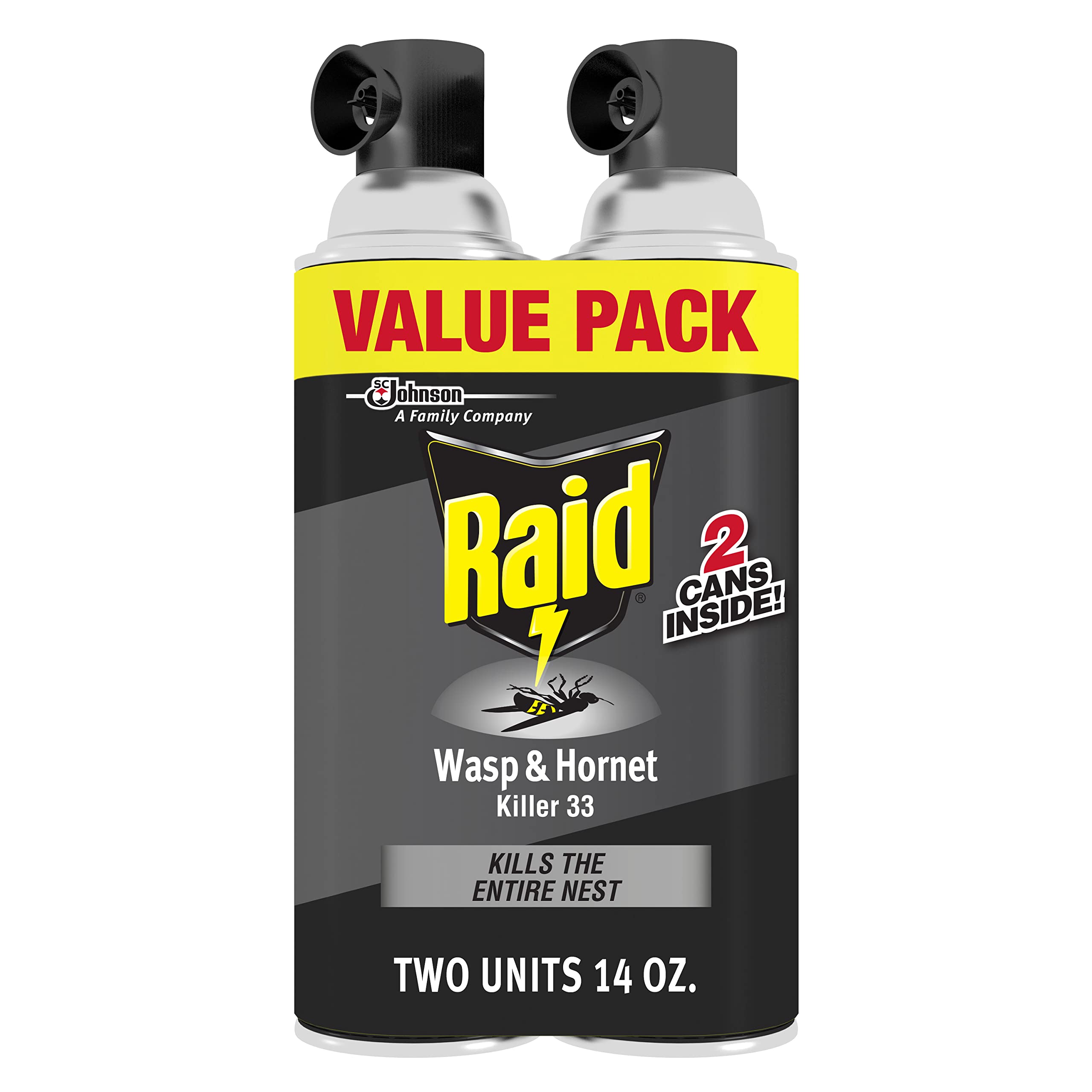 Raid Wasp & Hornet Killer Spray, Kills the entire nest, Kills Paper Wasps, Yellow Jackets, Mud Daubers and more, 14 oz (Pack of 2)