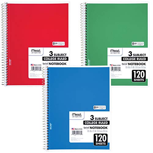 Mead Spiral Notebook, 3 Subject, College Ruled Paper(05748), 120 Sheets, 10-1/2" x 8", Assorted Color - 1 Count