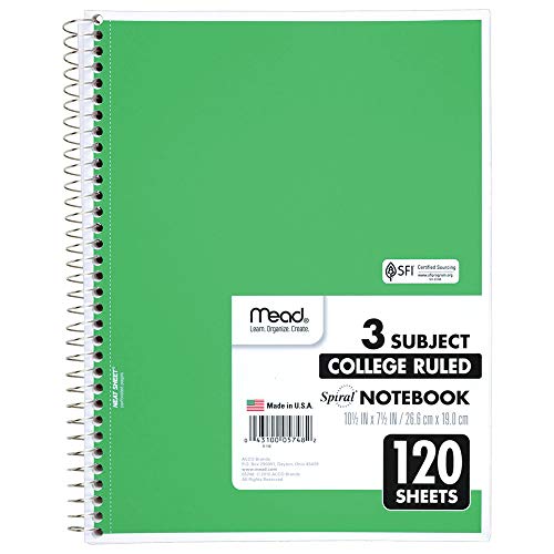 Mead Spiral Notebook, 3 Subject, College Ruled Paper(05748), 120 Sheets, 10-1/2" x 8", Assorted Color - 1 Count