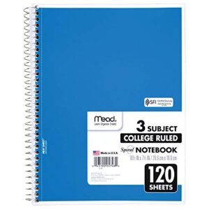 Mead Spiral Notebook, 3 Subject, College Ruled Paper(05748), 120 Sheets, 10-1/2" x 8", Assorted Color - 1 Count