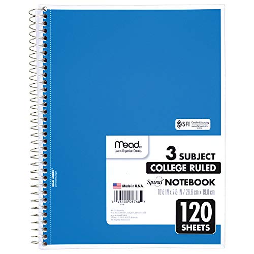 Mead Spiral Notebook, 3 Subject, College Ruled Paper(05748), 120 Sheets, 10-1/2" x 8", Assorted Color - 1 Count