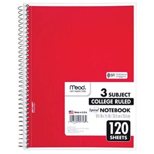 Mead Spiral Notebook, 3 Subject, College Ruled Paper(05748), 120 Sheets, 10-1/2" x 8", Assorted Color - 1 Count