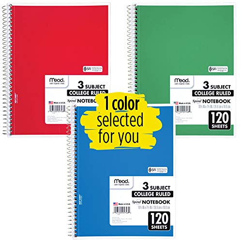 Mead Spiral Notebook, 3 Subject, College Ruled Paper(05748), 120 Sheets, 10-1/2" x 8", Assorted Color - 1 Count