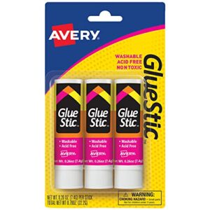 avery glue stick white, washable, nontoxic, 0.26 oz. permanent glue stic, 3pk (00164)