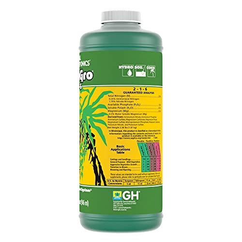 General Hydroponics FloraGro 2-1-6, Use With FloraMicro & FloraBloom, Provides Nutrients For Structural & Foliar Growth, Ideal For Hydroponics, 1-Quart