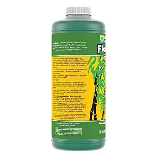 General Hydroponics FloraGro 2-1-6, Use With FloraMicro & FloraBloom, Provides Nutrients For Structural & Foliar Growth, Ideal For Hydroponics, 1-Quart