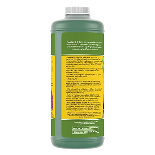 General Hydroponics FloraGro 2-1-6, Use With FloraMicro & FloraBloom, Provides Nutrients For Structural & Foliar Growth, Ideal For Hydroponics, 1-Quart