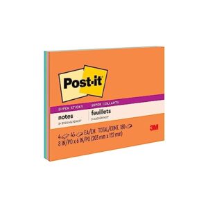 post-it super sticky notes, 8x6 inches, 4 pads, (orange, pink, blue, green), recyclable (6845-ssp)