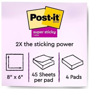 Post-it Super Sticky Notes, 8x6 inches, 4 Pads, (Orange, Pink, Blue, Green), Recyclable (6845-SSP)