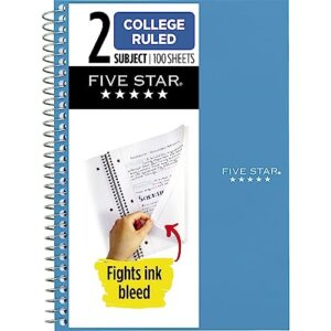 five star spiral notebook, 2 subject, college ruled paper, 100 sheets, 9-1/2" x 6", color selected for you, 1 count (06180)