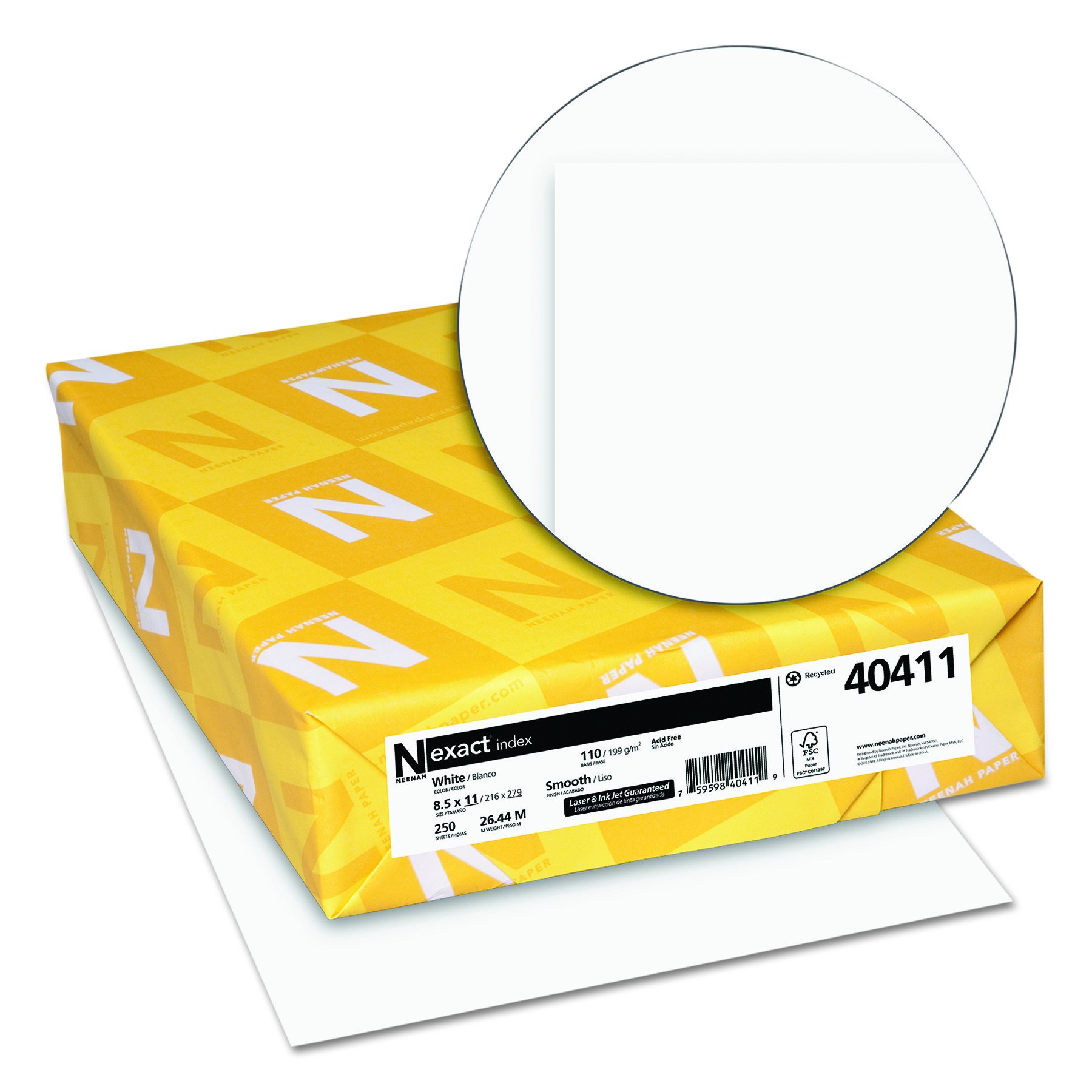 Wausau Paper Index Card Stock, 92 Brightness, 110 lb, Letter, White, 250 Sheets per Pack (49411)