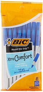 bic round stic grip xtra-comfort medium ball point pen, blue, 8 pack