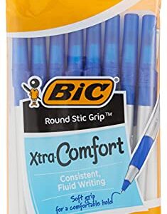 BIC Round Stic Grip Xtra-Comfort Medium Ball Point Pen, Blue, 8 Pack