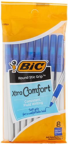 BIC Round Stic Grip Xtra-Comfort Medium Ball Point Pen, Blue, 8 Pack