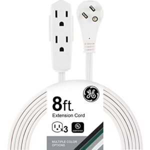 ge home electrical indoor extension cord, 8 ft power cable, 3 grounded outlets, 3-prong, low-profile flat plug, 16 gauge, ul listed, white, 50251