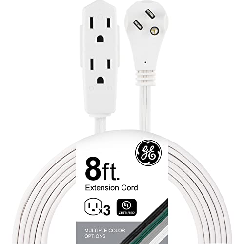 GE home electrical Indoor Extension Cord, 8 Ft Power Cable, 3 Grounded Outlets, 3-Prong, Low-Profile Flat Plug, 16 Gauge, UL Listed, White, 50251