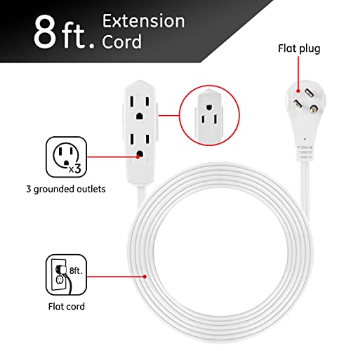 GE home electrical Indoor Extension Cord, 8 Ft Power Cable, 3 Grounded Outlets, 3-Prong, Low-Profile Flat Plug, 16 Gauge, UL Listed, White, 50251