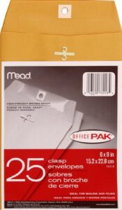 mead mailing envelopes, clasp closure, 6" x 9", all-purpose 24-lb paper, brown kraft material, 25 per box (76018)