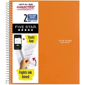 five star spiral notebook + study app, 2 subject, college ruled paper, fights ink bleed, water resistant cover, 8-1/2" x 11", 120 sheets, color will vary (824230)