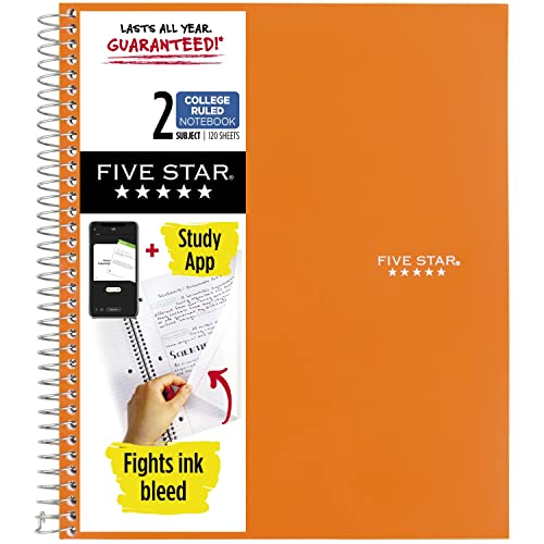 Five Star Spiral Notebook + Study App, 2 Subject, College Ruled Paper, Fights Ink Bleed, Water Resistant Cover, 8-1/2" x 11", 120 Sheets, Color Will Vary (824230)