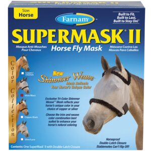 supermask ii shimmer weave mesh horse fly mask without ears, eye protection from insect pests, soft silver mesh with black plush trim, horse size