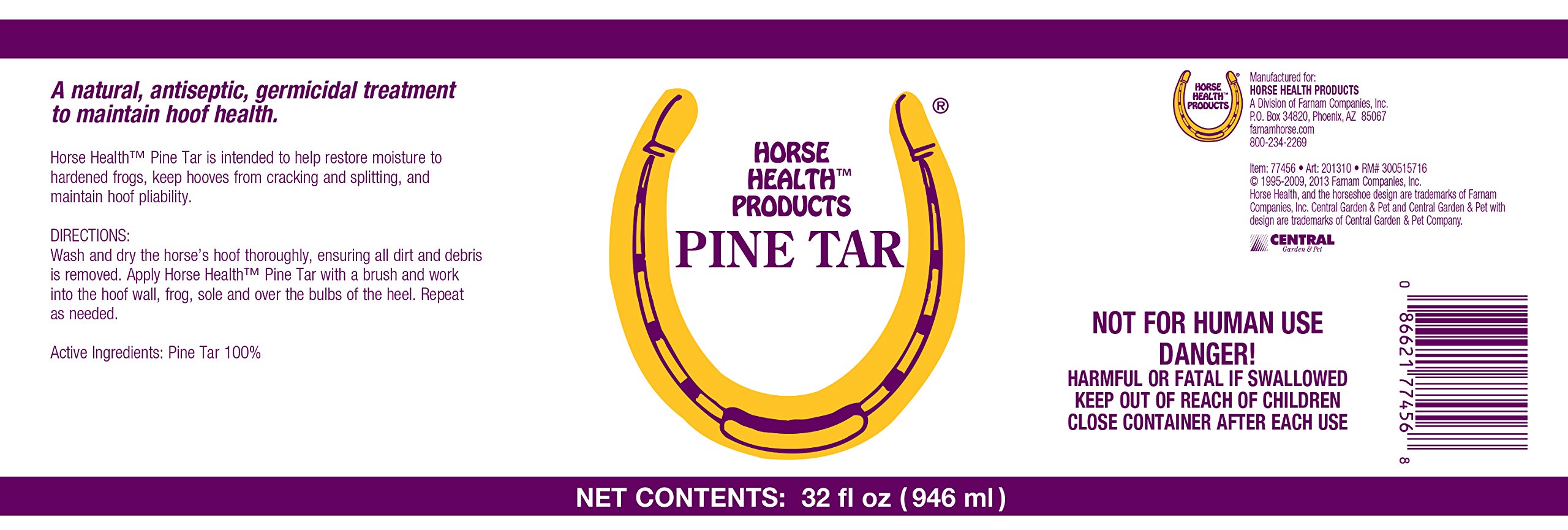 Horse Health Pine Tar, Natural Topical Antiseptic for Use on Horse Hooves, Helps Retain Moisture, Helps Keep Hooves from Cracking and Splitting, 32 Fluid Ounces