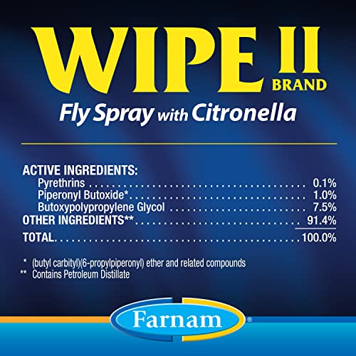 Farnam Wipe II Horse Fly Spray with Citronella, Grooming Aid and Coat Conditioner, 32 Fluid Ounces, One Quart Bottle with Trigger Sprayer