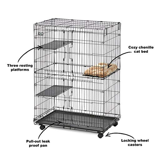 MidWest Homes for Pets Cat Playpen / Cat Cage Includes 3 Adjustable Resting Platforms, Removable Leak-Proof Pan, Easy 2-Door Top / Bottom Access & 4-locking Wheel Casters, 36"L x 23.5"W x 50.5"H