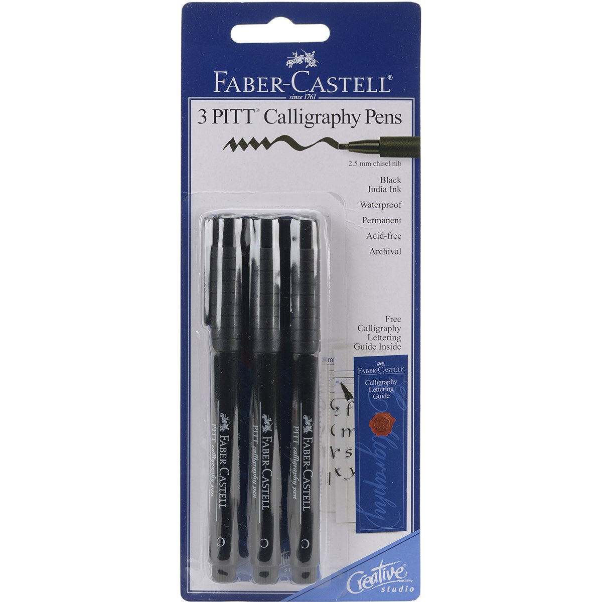 Faber-Castel PITT Calligraphy Pens Chisel Tip, 2.5mm, Black, 3-Pack