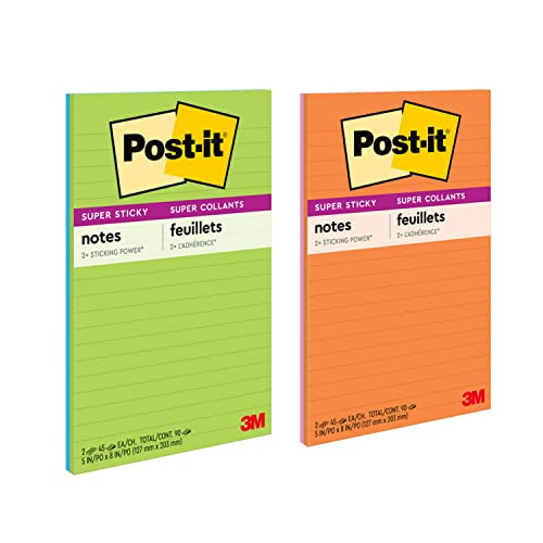 Post-it Notes Super Sticky Pads in Energy Boost Collection Colors, Note Ruled, 5" x 8", 45 Sheets/Pad, 4 Pads/Pack