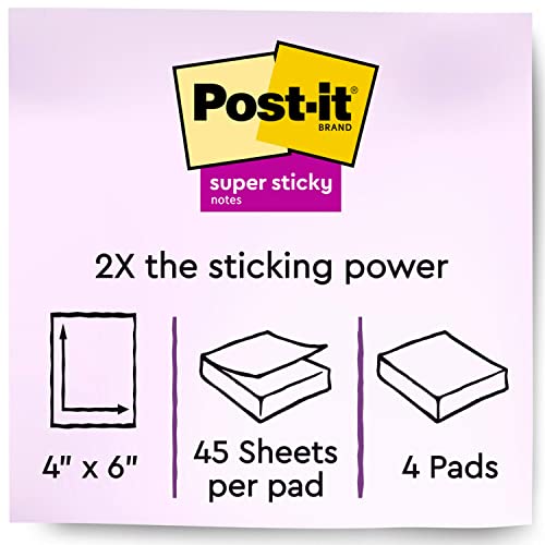 Post-it Notes Super Sticky Pads in Energy Boost Collection Colors, Note Ruled, 5" x 8", 45 Sheets/Pad, 4 Pads/Pack