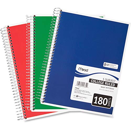 Mead Spiral Notebook, 5 Subject, College Ruled Paper, 180 Sheets, 10-1/2" x 8", Color Selected For You, 1 Count (05682)