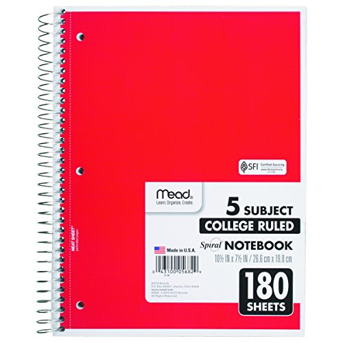 Mead Spiral Notebook, 5 Subject, College Ruled Paper, 180 Sheets, 10-1/2" x 8", Color Selected For You, 1 Count (05682)