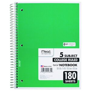 Mead Spiral Notebook, 5 Subject, College Ruled Paper, 180 Sheets, 10-1/2" x 8", Color Selected For You, 1 Count (05682)