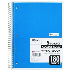 Mead Spiral Notebook, 5 Subject, College Ruled Paper, 180 Sheets, 10-1/2" x 8", Color Selected For You, 1 Count (05682)