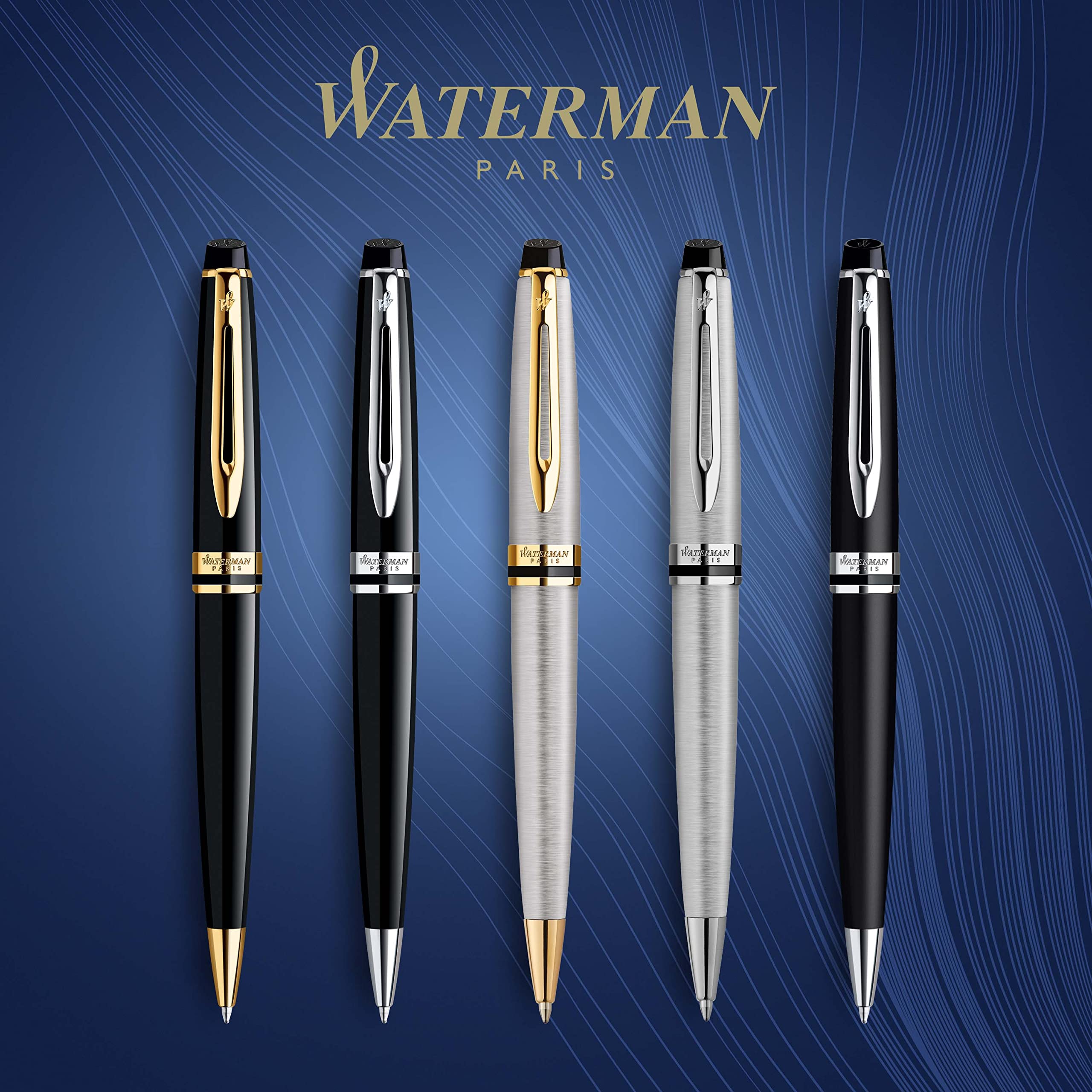 Waterman Expert Ballpoint Pen Black with golden trim Medium Tip Blue Ink Gift Box