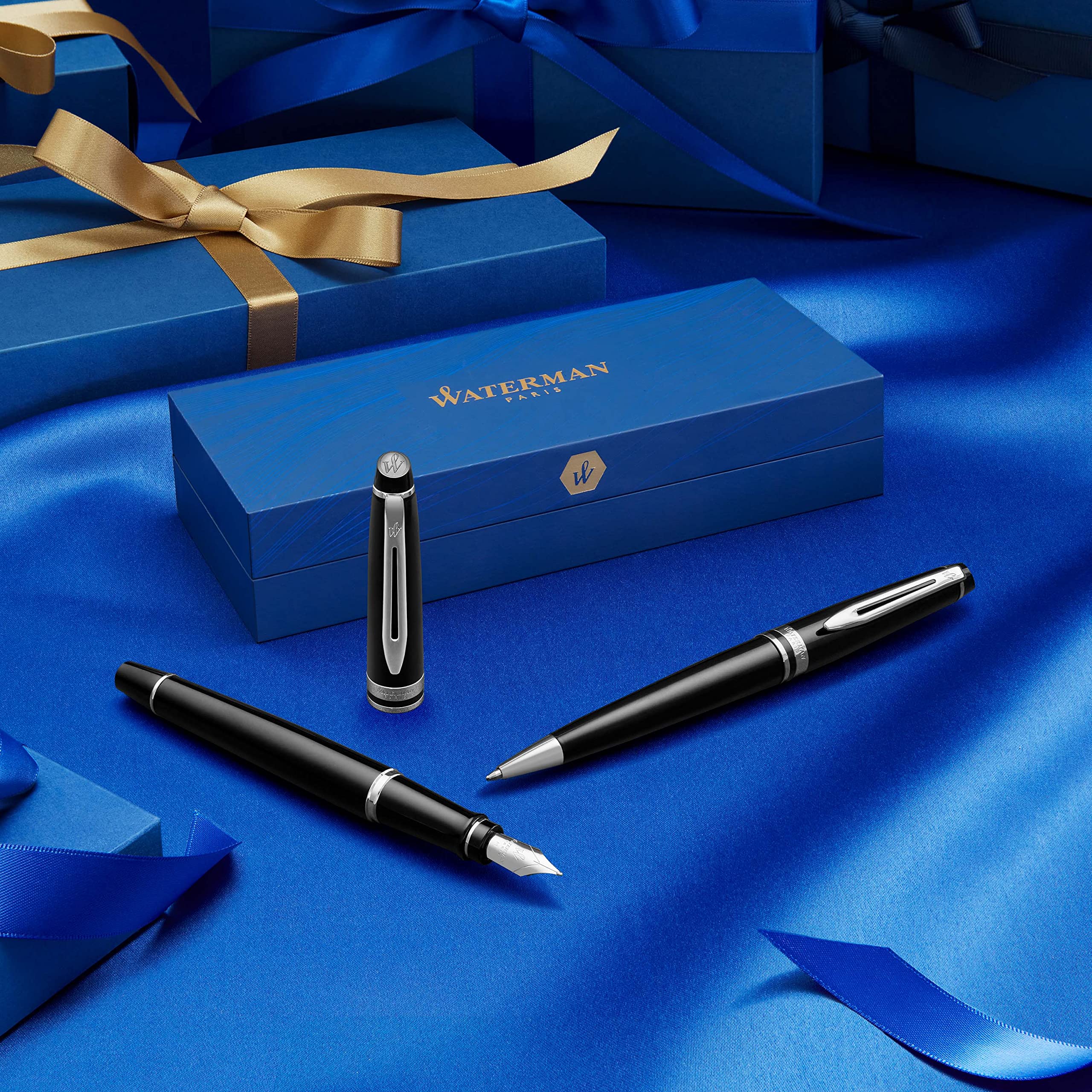 Waterman Expert Ballpoint Pen Black with golden trim Medium Tip Blue Ink Gift Box