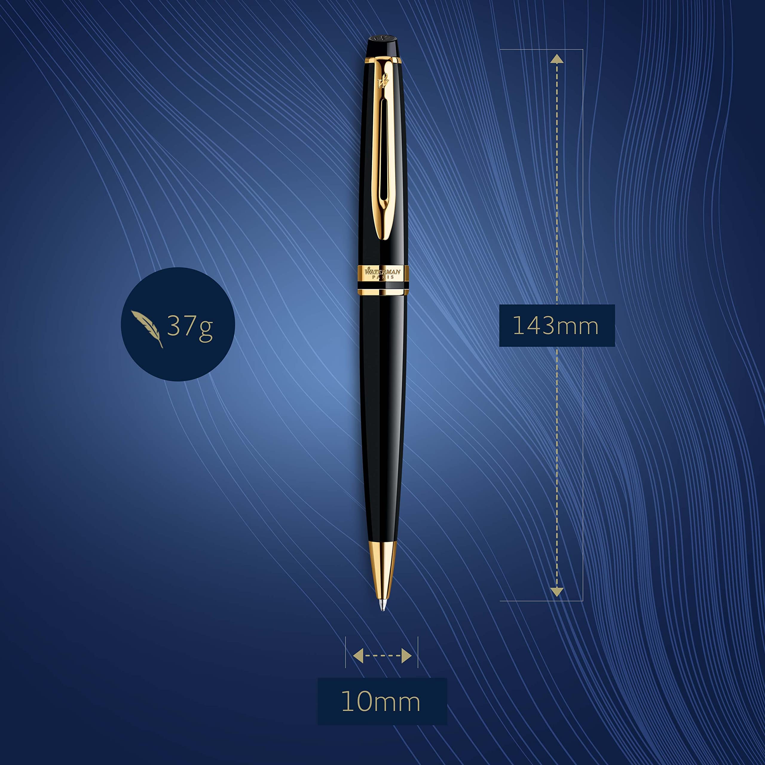 Waterman Expert Ballpoint Pen Black with golden trim Medium Tip Blue Ink Gift Box