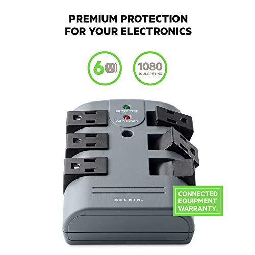 Belkin Power Strip Surge Protector - 6 Rotating AC Multiple Outlets, Flat Pivot Plug - Heavy Duty Wall Outlet Extender for Home, Office, Travel, Computer Desktop & Phone Charging Brick (1,080 Joules)