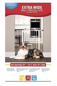 carlson extra wide walk through pet gate with small pet door, includes 4-inch extension kit, pressure mount kit and wall mount kit,white