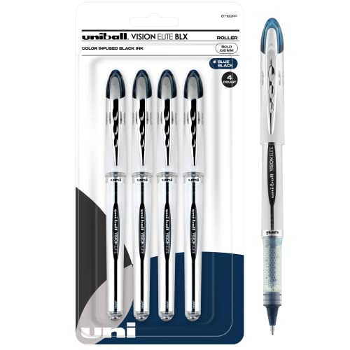 uni-ball Vision Elite BLX Infusion Rollerball Pen Bold Point, 0.8mm, Blue/Black, 4 Pack