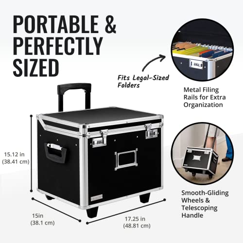 Vaultz Portable File Storage Box with Handle - 14.5" x 17.5" x 15.5" Letter/Legal Size Mobile Lock Box - Double Combination Locking Cabinet - Black