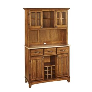 home styles buffet of buffets cottage oak server with natural wood top, three utility drawers, two door hutch, removable wine rack, and brushed steel hardware