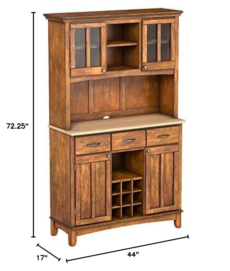 Home Styles Buffet of Buffets Cottage Oak Server with Natural Wood Top, Three Utility Drawers, Two Door Hutch, Removable Wine Rack, and Brushed Steel Hardware