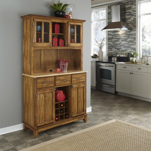 Home Styles Buffet of Buffets Cottage Oak Server with Natural Wood Top, Three Utility Drawers, Two Door Hutch, Removable Wine Rack, and Brushed Steel Hardware