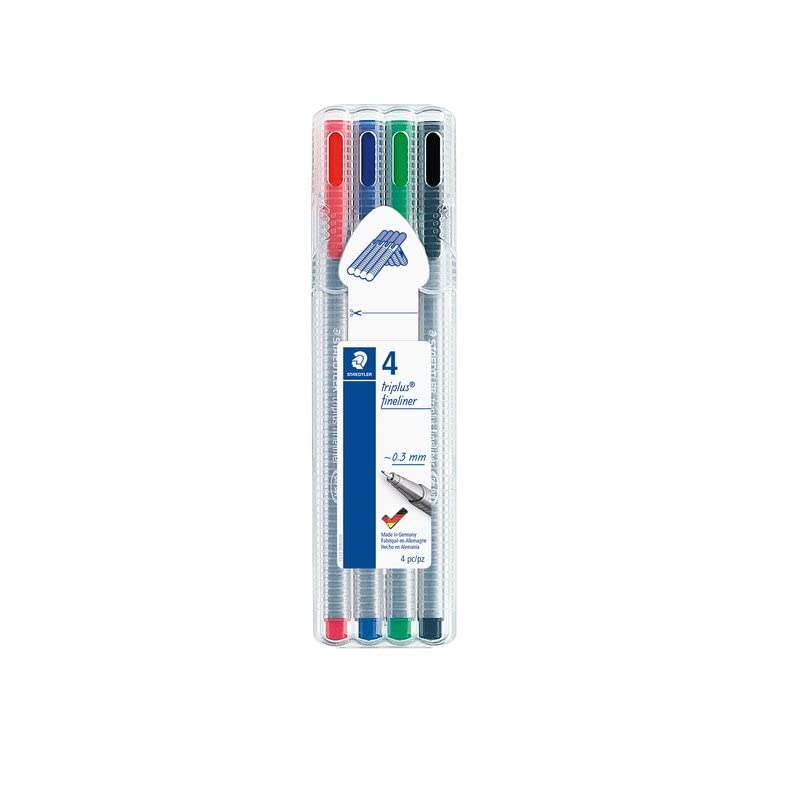 STAEDTLER 334 SB4 Triplus Fineliner Superfine Pen, 0.3mm Line Width - Assorted Office Colours (Desktop Box of 4)