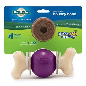petsafe busy buddy bouncy bone- treat-holding toys for dogs- scented for enhanced sensory stimulation- rigorously tested ingredients- for aggressive chewers- treat rings included- purple, medium